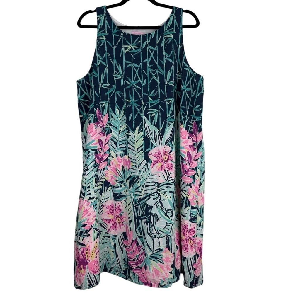 Lilly Pulitzer Sleeveless Tropical‎ Print Green Blue Pink A-Line Dress XL